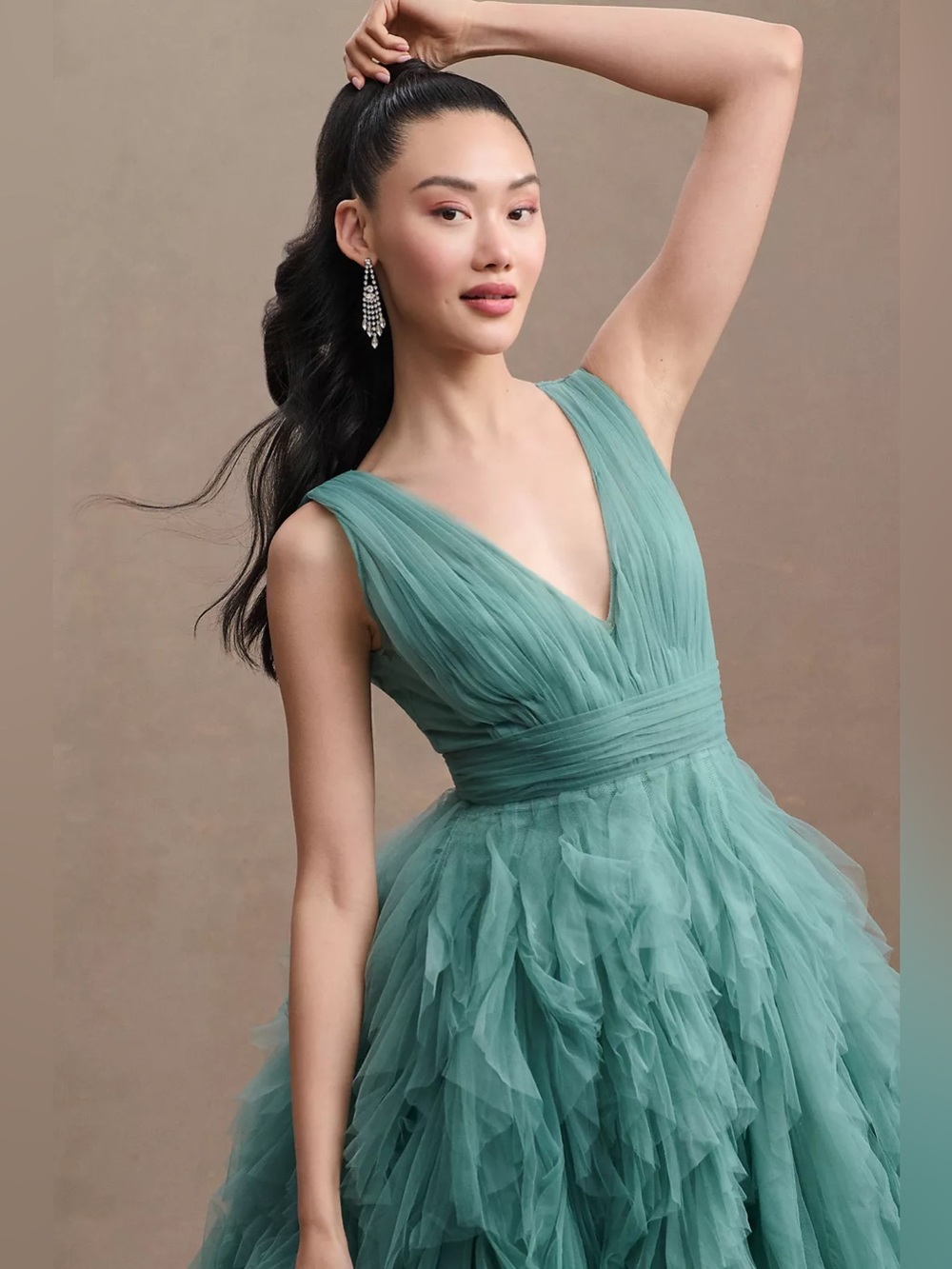 MAC DUGGAL
A-Line Deep-V Ruffled Tulle Midi Dress - Picture 2 of 10